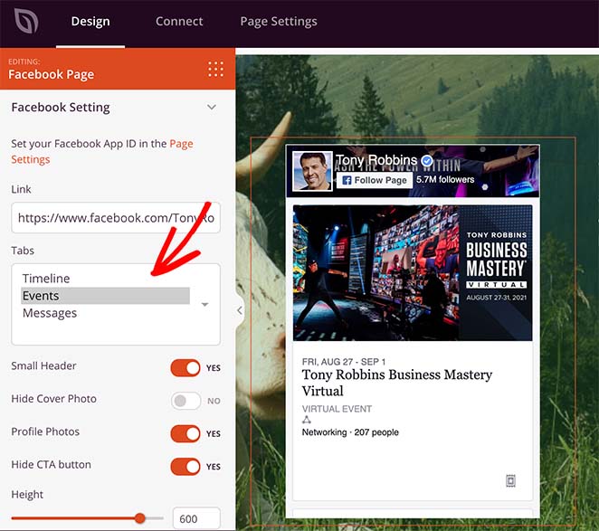 choose-facebook-events-tab-option - SeedProd facebook events calendar