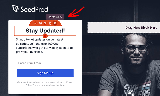 delete-newsletter-block - SeedProd click the trashcan icon to delete a block