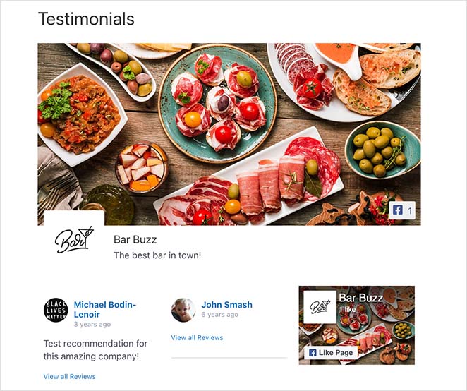 example-add-testimonials-to-WordPress-page - SeedProd Example of facebook reviews feed on WordPress page.