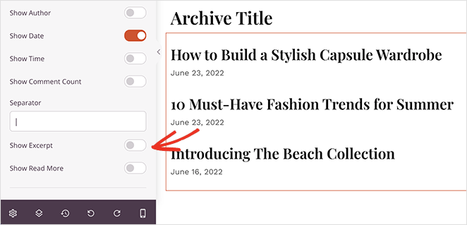 Turn on the Show Excerpt toggle in SeedProd's post block Turn on the Show Excerpt toggle in SeedProd's post block