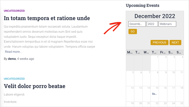 calendar-sidebar - SeedProd WordPress calendar in sidebar example