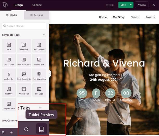 Wedding website tablet preview option