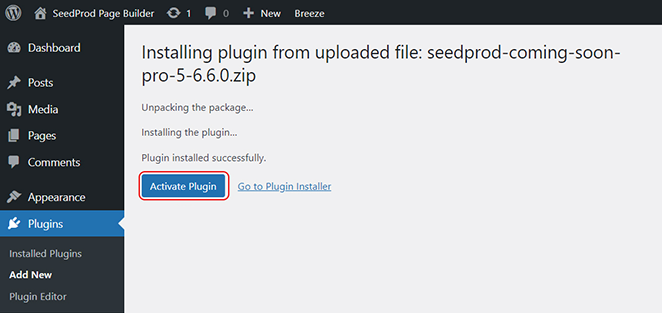 activate-seedprod-plugin - SeedProd Activate SeedProd plugin in WordPress dashboard