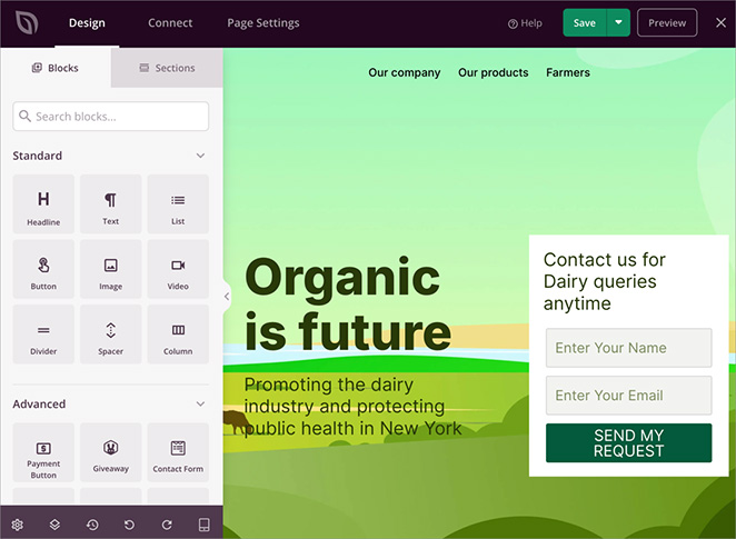 seedprod-landing-page-builder - SeedProd SeedProd landing page builder interface showing drag and drop editor